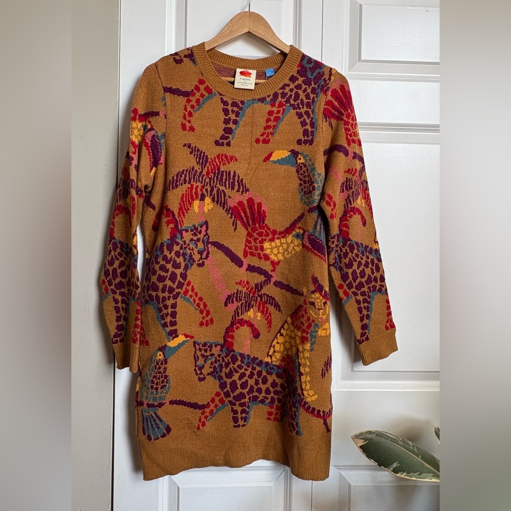 NWT Farm for Anthropologie / Colorful Animal Print Sweater Dress / M